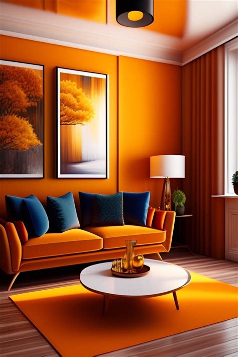 an orange living room with blue and yellow pillows on the couch, coffee ...