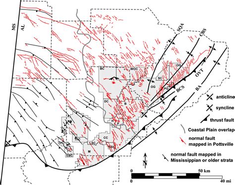 Tectonic map of the Black Warrior basin in Alabama showing location of ...