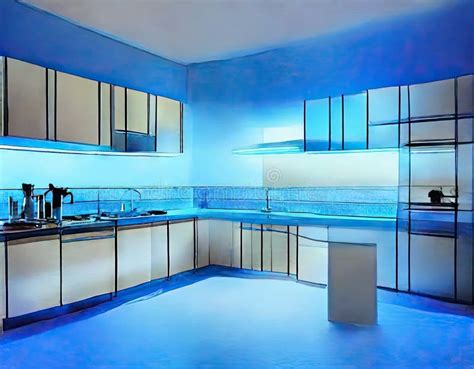 Watercolor of Evening Modern Kitchen with Blue Neon Smart House Stock Illustration ...