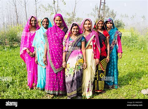 Happy Indian Group Rural Villager Womens Standing Together Field ...