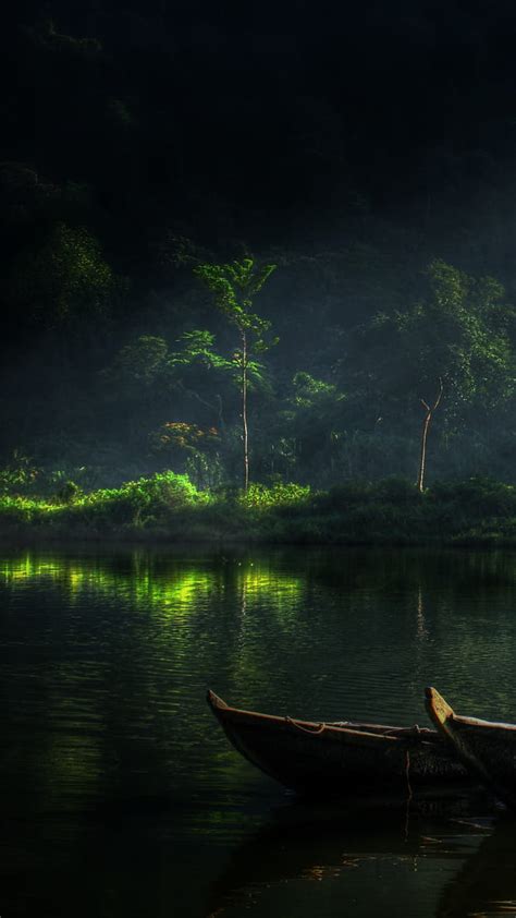 1080P free download | Dark forest, boats, dark, forest, green lake, light, nature, HD phone ...