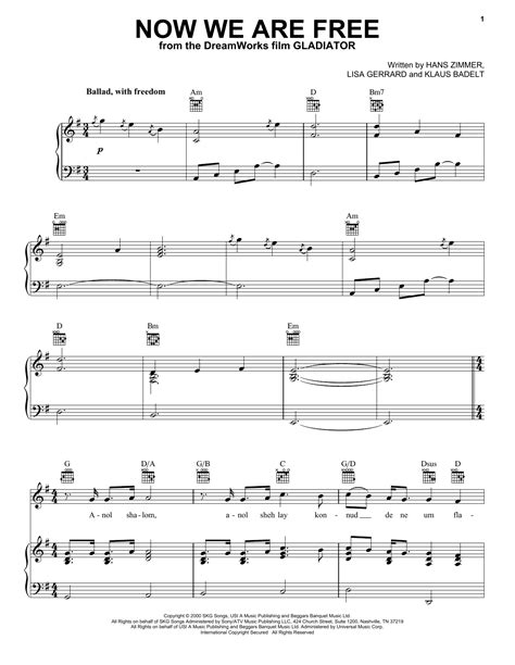 Now We Are Free sheet music by Celtic Thunder (Piano, Vocal & Guitar (Right-Hand Melody) – 156784)