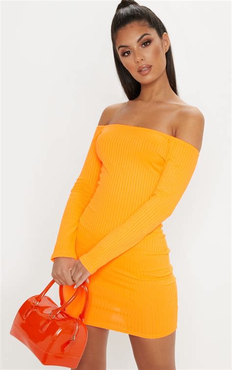 Neon Orange Ribbed Long Sleeve Dress | PrettyLittleThing USA