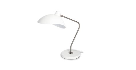 The crescent-shaped metal shade and sharply curved stand draw inspiration from an iconic mi ...