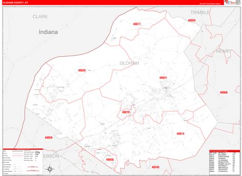 Oldham County, KY Zip Code Wall Map Red Line Style by MarketMAPS - MapSales