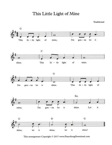 This Little Light of Mine: Free hymn lead sheet with melody, chords and lyrics