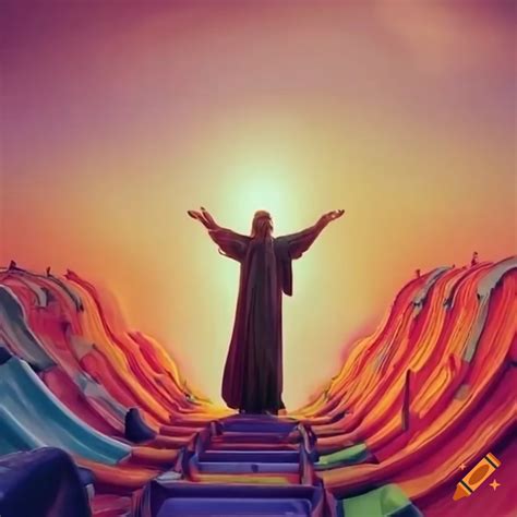 Jesus christ joyfully on a colorful water slide on Craiyon