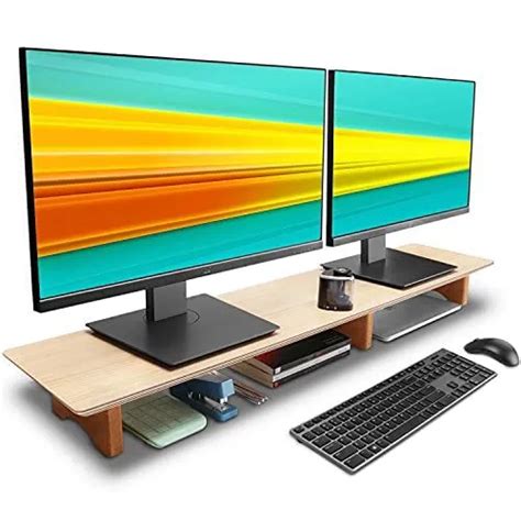 LARGE DUAL MONITOR Stand Riser, Solid Wood Desk Shelf with Eco Cork Legs for ... $78.22 - PicClick