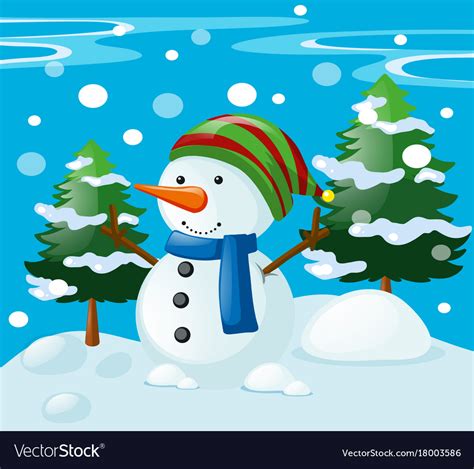 Winter scene with snowman in the field Royalty Free Vector