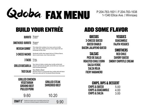 Menu at QDOBA Mexican Eats fast food, Winnipeg, Ellice Ave Unit 1