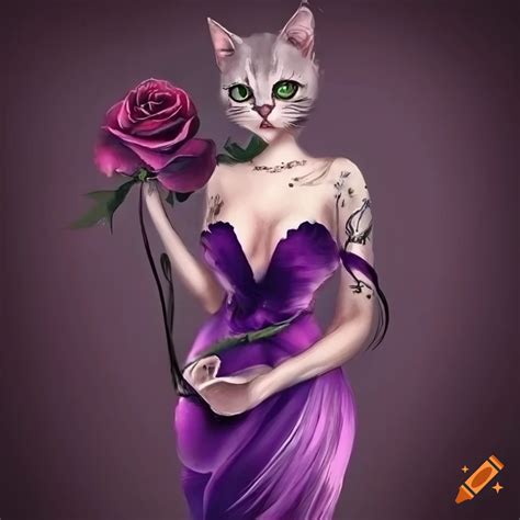 Grey cat in an elegant purple gown with red roses and a shoulder rose tattoo on Craiyon