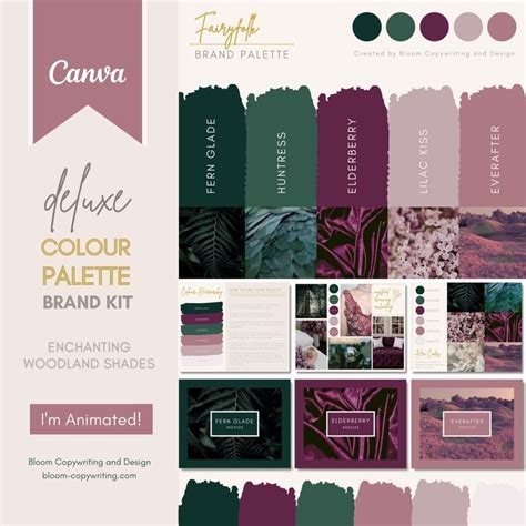the color palette is shown in shades of pink, green and purple