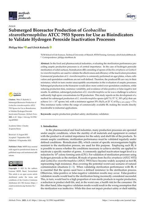 (PDF) Submerged Bioreactor Production of Geobacillus stearothermophilus ATCC 7953 Spores for Use ...