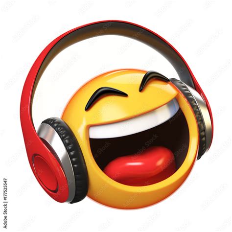 Music emoji with headphones isolated on white background, emoticon with earphones 3d rendering ...