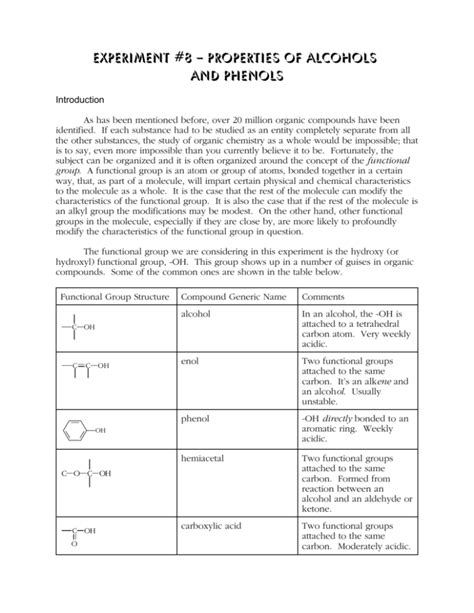 Experiment #8 – properties of Alcohols and Phenols