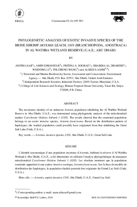 (PDF) Phylogenetic Analysis of exotic invasive species of Brine Shrimp Artemia Leach, 1819 ...