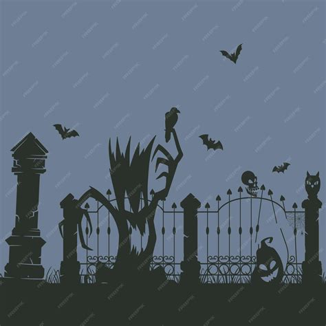 Premium Vector | Halloween graveyard silhouette poster spooky cemetery silhouettes scary ...
