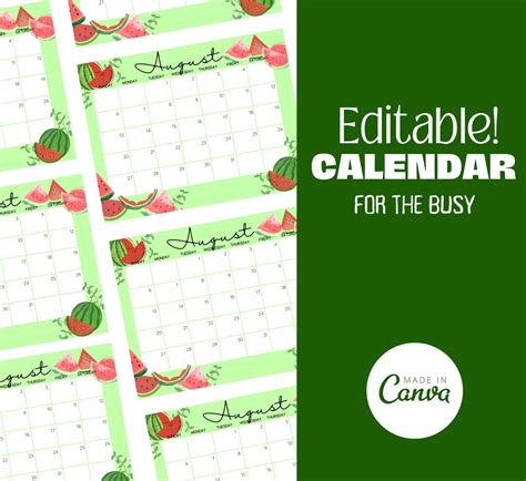 Printable August 2023 Calendar, Editable Summer Calendar With Watermelon, Monthly Calendar ...