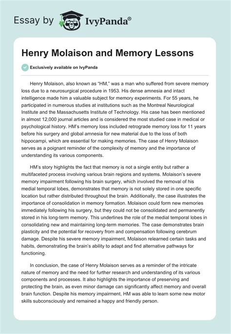 Henry Molaison and Memory Lessons - 355 Words | Case Study Example