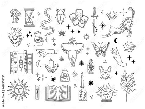 Witchcraft big set, mystic magical symbols for flash tattoo, hand drawn ...