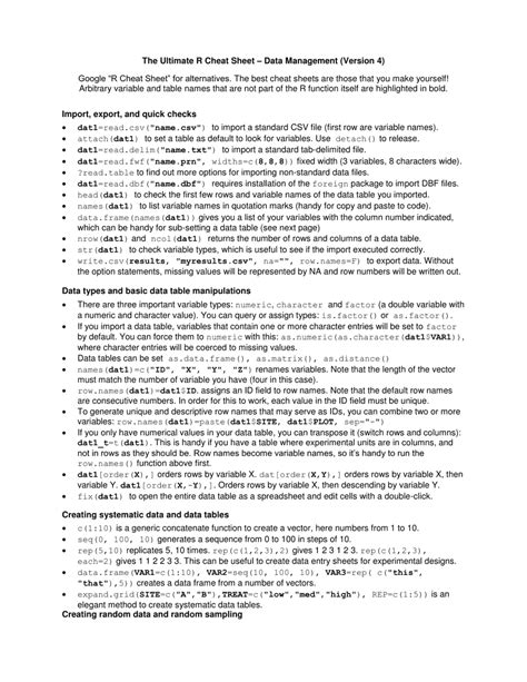 R Cheat Sheet - Data Management Download Printable PDF | Templateroller