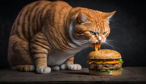 Ginger cat eats burger AI Genertaive 22324074 Stock Photo at Vecteezy