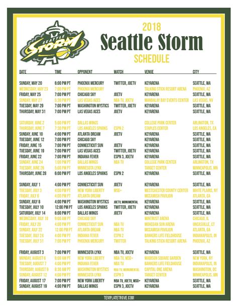 Printable2018 Seattle Storm Basketball Schedule