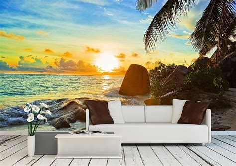 Wall26 Tropical beach at sunset - nature background - Removable Wall Mural | Self-adhesive Large ...