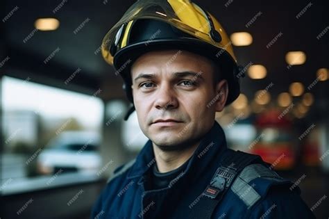 Premium AI Image | A fireman wearing a fire helmet and a yellow helmet stands in a dark room.