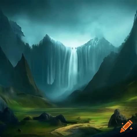 Mysterious fantasy landscape with mountains and waterfalls on Craiyon