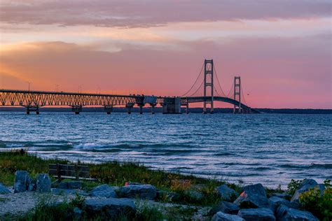 Mackinac Bridge, St. Ignace, Michigan the Mackinac Bridge on a Golden ...