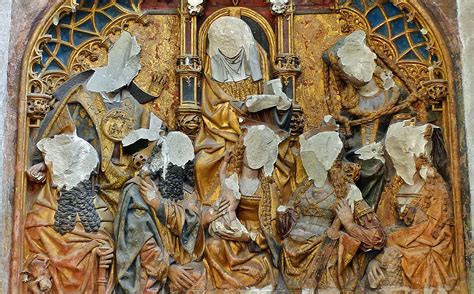 Damaged relief in Utrecht Cathedral, desecrated in 1566 during the iconoclast fury in the ...