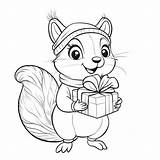 Cute Cartoon Squirrel Holding Gift Winter Hat And Scarf Coloring Page  sketch template