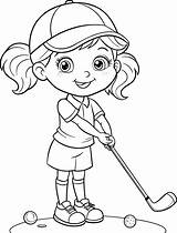 Coloring Page For Kids  Girl Playing Golf Black And White Line Art sketch template
