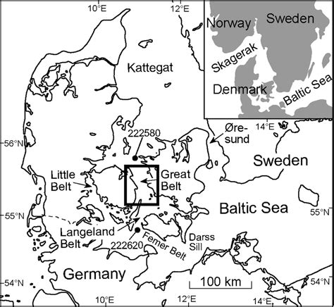 Map of Denmark and surrounding area with location of the Great Belt and ...