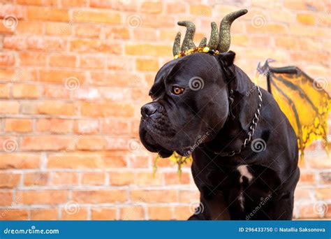 A Dog of the Cane Corso Breed, in a Dragon Costume with Wings and Horns ...