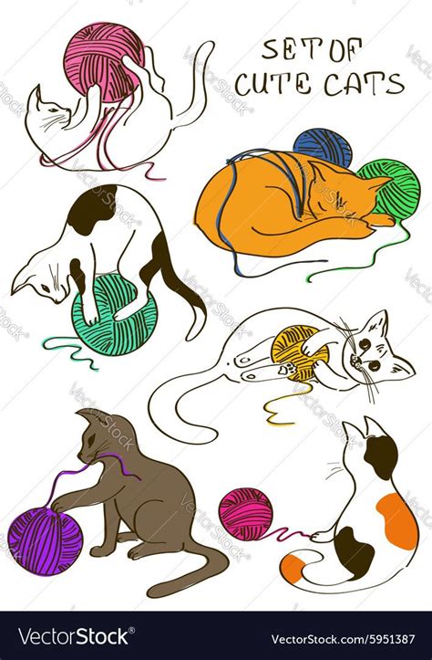 Set of isolated doodle funny cats playing ball of yarn. Download a Free ...