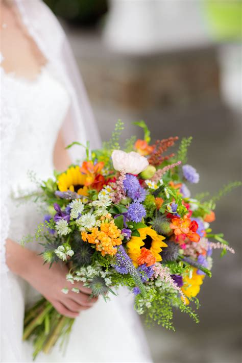 Colorful Sunflower, Thistle and Wildflower Bouquet | Sunflower bridesmaid bouquet, Wildflower ...