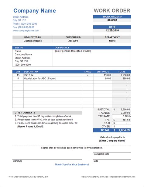 Work Order Form Template for Excel