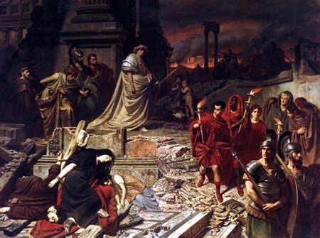 Representation of the great fire of Rome. Nerone in the background and ruins of the city in ...