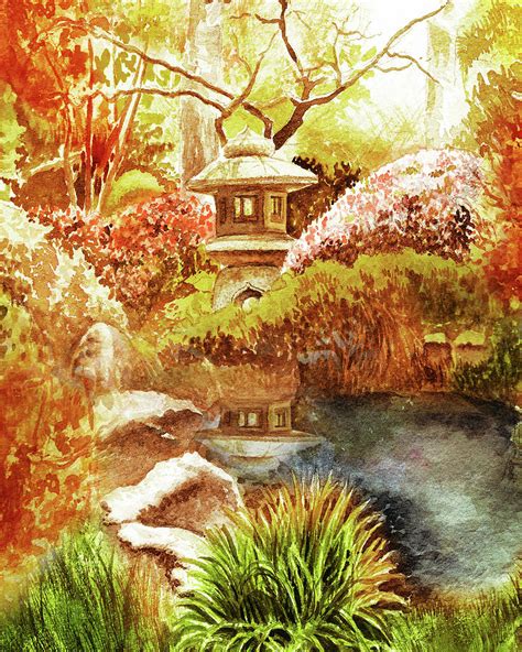 Autumn In Japanese Garden Watercolor Fall Landscape Painting by Irina ...