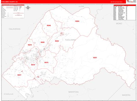 Tuolumne County, CA Zip Code Wall Map Red Line Style by MarketMAPS ...