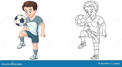 Coloring Page with Boy Playing Football Stock Vector - Illustration of football, line: 202459611