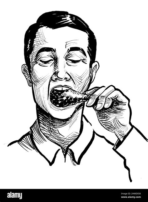 Man eating chicken leg. Ink black and white drawing Stock Photo - Alamy