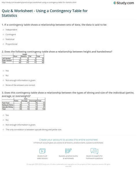 Quiz & Worksheet - Using a Contingency Table for Statistics | Study.com