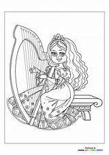 Princess Playing harp  Coloring Pages For Kids sketch template