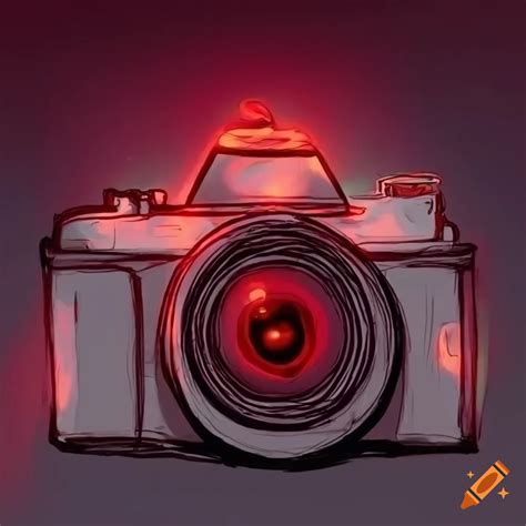 Sketch style of a furry white camera with red lights and dark metal parts on Craiyon