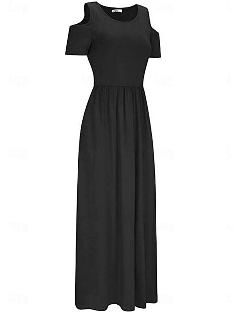 Women's Black Dress Long Dress Maxi Dress Pocket Cold Shoulder Date ...
