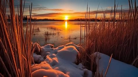 Premium AI Image | A winter sunset over a frozen lake with snow on the ...