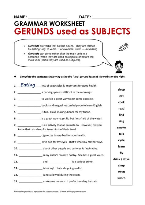 Verbal Gerund Worksheet With Answer